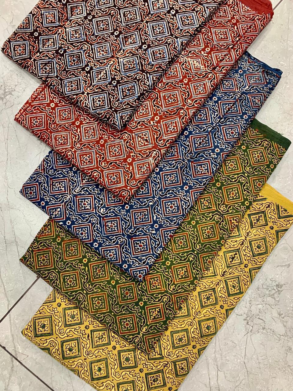 Multidye Ajrakh handblock cotton fabric wholesale with natural dye layers and artisan precision by Fabtexs.